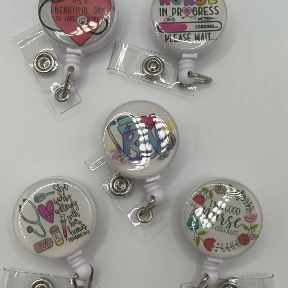 Set of Nurse Badge Reels — White with Pink, Teal & Multicolor Accents